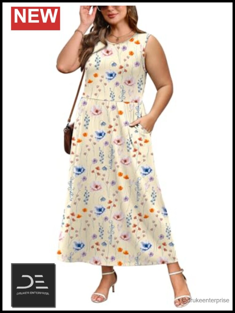 Maxi Dress with Pockets A-Line Flowy Sleeveless Sundress Elastic Waist - Picture 3 of 4